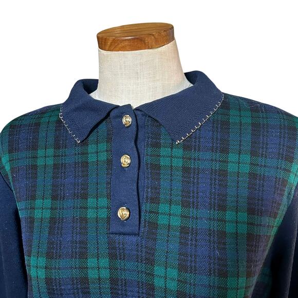 Vintage Cricket Lane Plaid Polo Sweater M 80s Blackwatch Preppy Gold Buttons - Picture 5 of 10